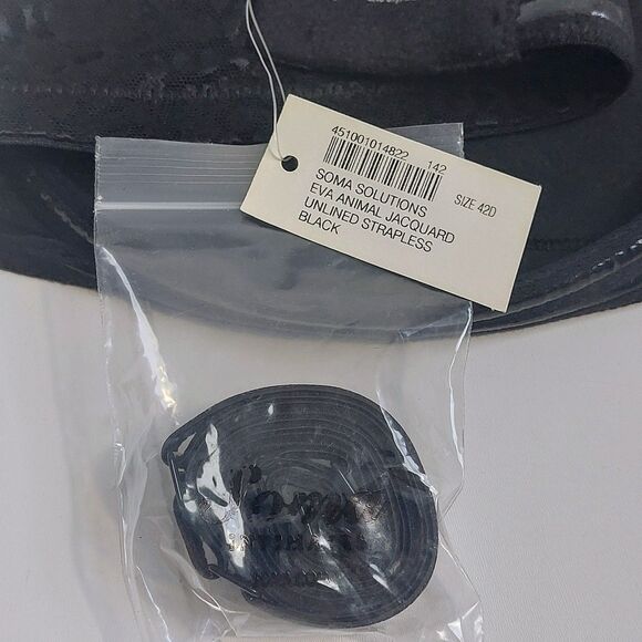 Soma Eva Unlined Strapless Bra Size 42D Black Animal Jacquard Adjustable NEW! - Picture 5 of 6